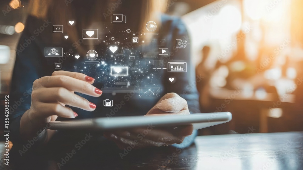 Poster a person managing social media accounts, scheduling posts on a tablet in a digital workspace