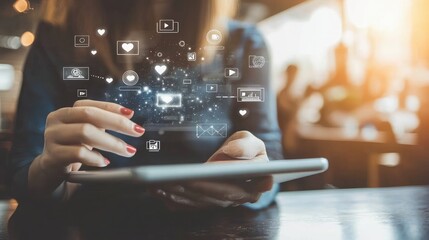 A person managing social media accounts, scheduling posts on a tablet in a digital workspace 