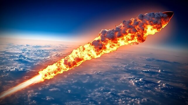 A rocket ship launching through the atmosphere into the blue sky