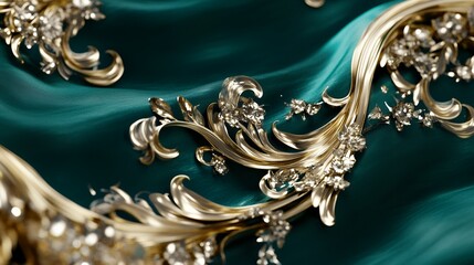 Ornate golden floral embellishments on a draped emerald green fabric surface with shimmering accents