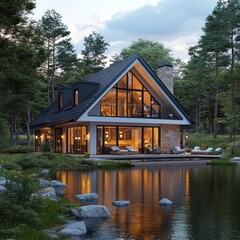 Obraz premium Beautiful modern house sits beside a still reflective lake