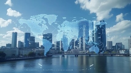 Fototapeta premium Digital World Map Overlay on Cityscape