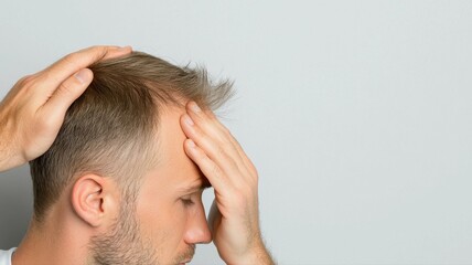 Fototapeta premium A man expresses stress and frustration with his hands on his head, embodying a moment of anxiety and contemplation.