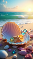 starfish and seashell on the summer beach in sea water.