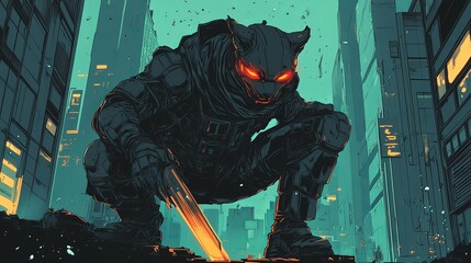 Fototapeta premium A dystopian, sci-fi illustration in a gritty, high-contrast line art style.