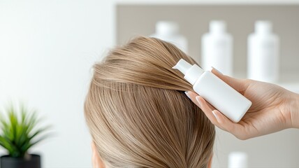 A person applying hair care product on beautiful long hair, showcasing healthy hair and modern beauty routine.