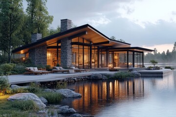Modern waterfront home features stone accents and expansive glass windows