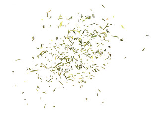 Background of dry, chopped dill isolated on a white background, top view.