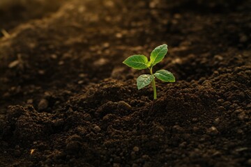 Fototapeta premium young green seedling emerging from dark soil with warm sunlight. symbolizes growth and new beginnings. nature and agriculture concept. eco-friendly design, ecology, environmental campaign