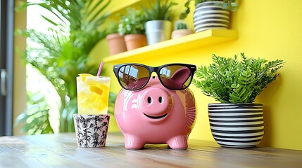 Happy Piggy Bank Saving Money Summer Vacation Concept