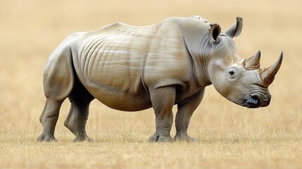 Obraz premium A rare white rhino grazing peacefully on the African plains, its thick skin and large horn visible in sharp, lifelike detail.