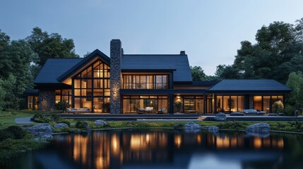 Fototapeta premium Luxurious modern home with a tranquil pond reflecting its beauty