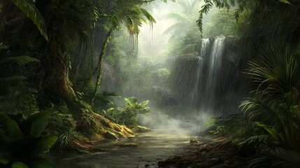 Obraz premium A mysterious environment depicting an opaque forest in rain and fog.