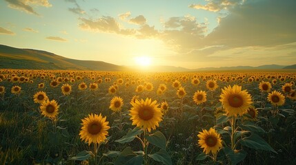 Fototapeta premium Sunsets over a vast sunflower field in rolling hills