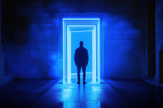 An image of a man standing in front of an open door or portal with high tech colors of blue and white