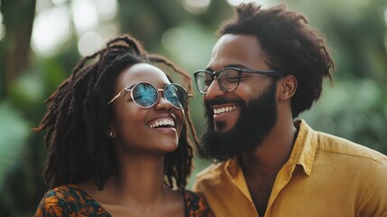 Fototapeta premium black couple enjoying a fun conversation outside laughing together with bright smiles symbolizing love romance and emotional connection great for lifestyle relationship and friendship ideas