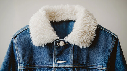 Close up of a blue denim jacket with a fluffy white collar. isolated on white beige background