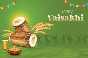 Vaisakhi Festival Celebration With Drums, Wheat, Sweets and Silhouette Of Punjabi People Dancing On Green Color Background. Indian Ethnic Festive Sale Celebration Theme Concept Vector Illustration.