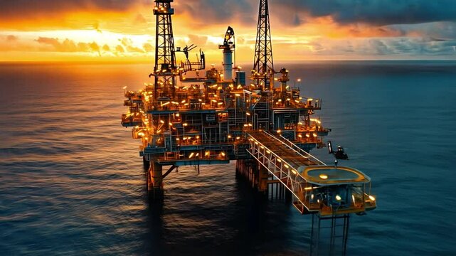 Offshore Oil Rig: Dramatic view of an offshore oil rig set against a stunning sunset backdrop, showcasing the industry's massive structures in the vast ocean