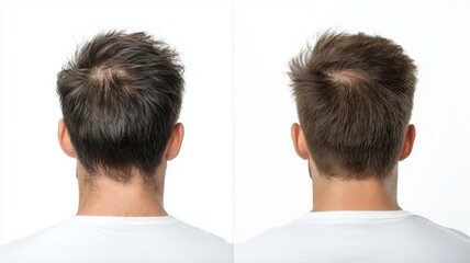 Before and after view of a man's hairstyle, showcasing hair loss transformation and regrowth.