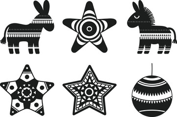 Mexican Piñata Vector Set – Festive Donkey, Star, and Ball Designs in Black Silhouette Style