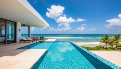 Fototapeta premium Luxury tropical resort swimming pool offers relaxation under a sunny sky