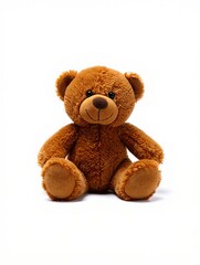 Obraz premium light brown plush teddy bear with ultra-soft mohair fur, sitting upright against a pure white background, featuring round black glass eyes and a small stitched nose, ideal for children’s product photo