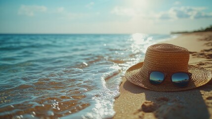 Beach hat and sunglasses resting on sunny sand