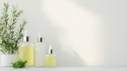 Minimalistic display of skincare oils with greenery, perfect for wellness and natural beauty themes.