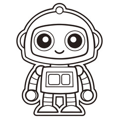 Cartoon Robot Outline Illustration, Black and White Line Art, Smiling, Robotic Toy