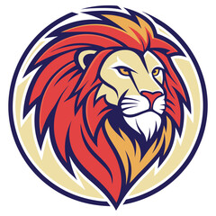 Stylized Lion Head with Fiery Mane, Colorful Circle Icon Design