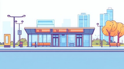 An illustrated urban bus stop in a minimalist style