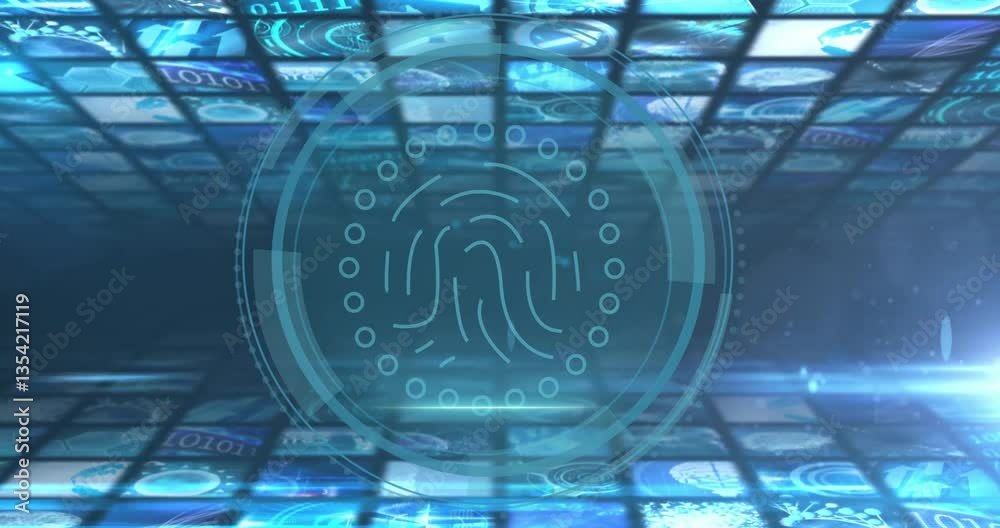 Poster Animation of fingerprint with binary code in futuristic digital interface
