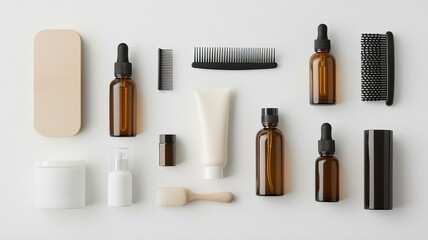 Obraz premium Stylish arrangement of various skincare products and tools on a clean, minimalistic background.