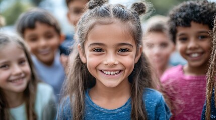 Fototapeta premium smiling happy kids outdoors at school playground having fun together showcasing childhood joy multiethnic friendship unity diversity and positive energy during school activities