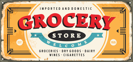 Vintage sign design for grocery store. Shop sign template on retro metal background. Business vector illustration.