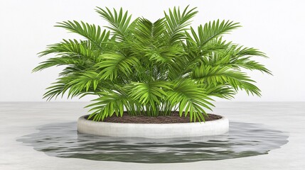 Obraz premium Lush palm plant in minimal round pot, water spill, white background, interior design