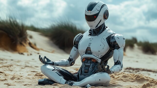 Futuristic knight in helmet riding a motorcycle with a cyborg warrior look in space, blending medieval and advanced technology with a metallic suit and sword