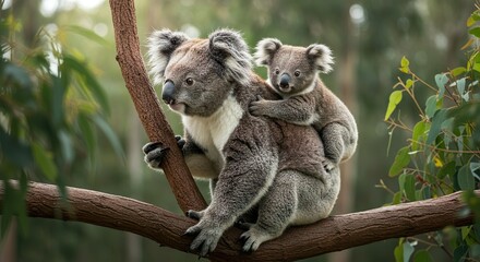 Mother Koala with Baby on Back in Natural Forest Habitat – Adorable Wildlife Moment