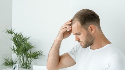 Thoughtful young man in a minimalistic space, reflecting on life choices, conveying a sense of contemplation and emotion.