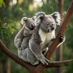 Obraz premium Mother Koala with Baby on Back in Natural Forest Habitat – Adorable Wildlife Moment