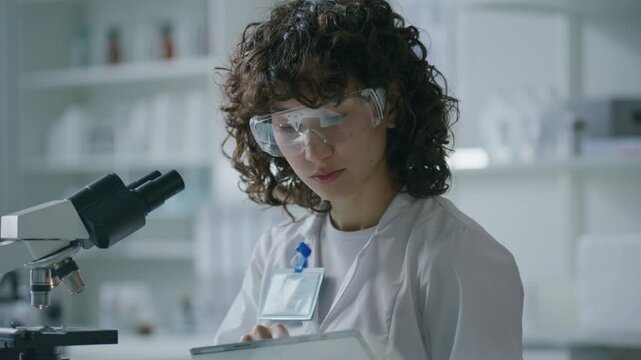 Young female scientist in white coat and goggles looking through microscope and typing analysis results on digital tablet while working in medical laboratory