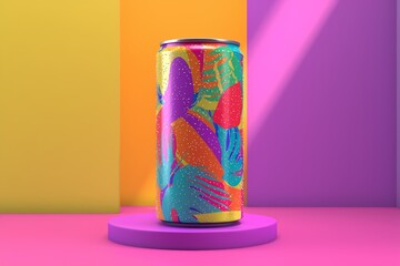 A creatively designed soda can stands on a simple pedestal against a vivid pink and purple backdrop. The can features a unique logo with bold colors and playful shapes.