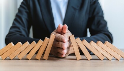 risk and strategy in business hand stopping wooden block domino business crisis effect or risk protection concept business solution and intervention