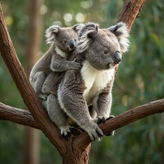 Naklejka premium Mother Koala with Baby on Back in Natural Forest Habitat – Adorable Wildlife Moment