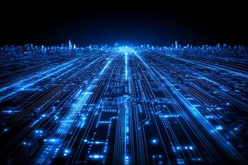 A futuristic representation of a glowing digital urban landscape