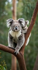 Fototapeta premium Mother Koala with Baby on Back in Natural Forest Habitat – Adorable Wildlife Moment