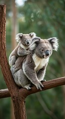 Naklejka premium Mother Koala with Baby on Back in Natural Forest Habitat – Adorable Wildlife Moment