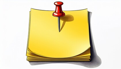 yellow sheet of note paper with push pin on a white background illustration