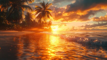 Tropical beach sunset, ocean waves, palm trees (1)